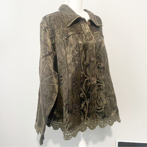 Flashback vintage brown embroidered lace sequin jacket button down size 3X - Picture 5 of 9